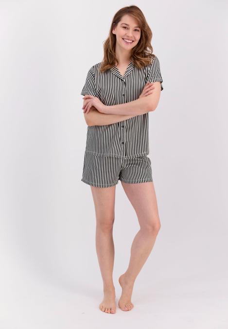 Pijama Dama Bumbac Mânecă Scurtă, Pantalon cu pantaloni scurti,alba in dungi negre Engros